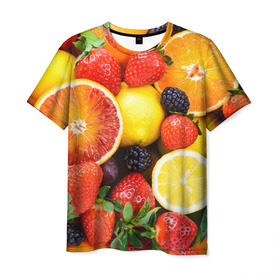 Мужская футболка 3D с принтом Ягоды и фрукты в Кировске, 100% полиэфир | прямой крой, круглый вырез горловины, длина до линии бедер | Тематика изображения на принте: абрикос | алыча | апельсин | бодрость | веган | виноград | витамины | груша | диета | еда | здоровье | клубника | лайм | лимон | малина | молодость | нектар | овощи | персик | питание | польза | смородина