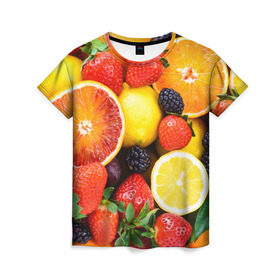 Женская футболка 3D с принтом Ягоды и фрукты в Кировске, 100% полиэфир ( синтетическое хлопкоподобное полотно) | прямой крой, круглый вырез горловины, длина до линии бедер | абрикос | алыча | апельсин | бодрость | веган | виноград | витамины | груша | диета | еда | здоровье | клубника | лайм | лимон | малина | молодость | нектар | овощи | персик | питание | польза | смородина