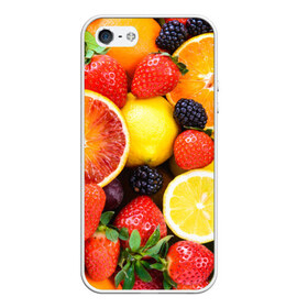 Чехол для Apple iPhone 5/5S силиконовый с принтом Ягоды и фрукты в Кировске, Силикон | Область печати: задняя сторона чехла, без боковых панелей | абрикос | алыча | апельсин | бодрость | веган | виноград | витамины | груша | диета | еда | здоровье | клубника | лайм | лимон | малина | молодость | нектар | овощи | персик | питание | польза | смородина