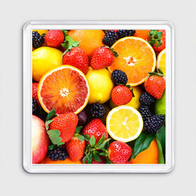 Магнит 55*55 с принтом Ягоды и фрукты в Кировске, Пластик | Размер: 65*65 мм; Размер печати: 55*55 мм | абрикос | алыча | апельсин | бодрость | веган | виноград | витамины | груша | диета | еда | здоровье | клубника | лайм | лимон | малина | молодость | нектар | овощи | персик | питание | польза | смородина