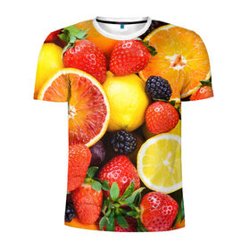 Мужская футболка 3D спортивная с принтом Ягоды и фрукты в Кировске, 100% полиэстер с улучшенными характеристиками | приталенный силуэт, круглая горловина, широкие плечи, сужается к линии бедра | абрикос | алыча | апельсин | бодрость | веган | виноград | витамины | груша | диета | еда | здоровье | клубника | лайм | лимон | малина | молодость | нектар | овощи | персик | питание | польза | смородина