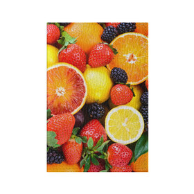 Обложка для паспорта матовая кожа с принтом Ягоды и фрукты в Кировске, натуральная матовая кожа | размер 19,3 х 13,7 см; прозрачные пластиковые крепления | абрикос | алыча | апельсин | бодрость | веган | виноград | витамины | груша | диета | еда | здоровье | клубника | лайм | лимон | малина | молодость | нектар | овощи | персик | питание | польза | смородина