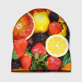 Шапка 3D с принтом Ягоды и фрукты в Кировске, 100% полиэстер | универсальный размер, печать по всей поверхности изделия | абрикос | алыча | апельсин | бодрость | веган | виноград | витамины | груша | диета | еда | здоровье | клубника | лайм | лимон | малина | молодость | нектар | овощи | персик | питание | польза | смородина