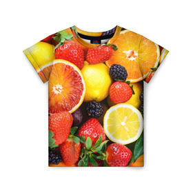Детская футболка 3D с принтом Ягоды и фрукты в Кировске, 100% гипоаллергенный полиэфир | прямой крой, круглый вырез горловины, длина до линии бедер, чуть спущенное плечо, ткань немного тянется | абрикос | алыча | апельсин | бодрость | веган | виноград | витамины | груша | диета | еда | здоровье | клубника | лайм | лимон | малина | молодость | нектар | овощи | персик | питание | польза | смородина