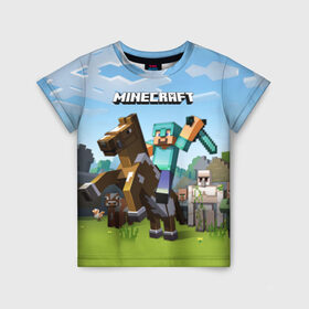 Детская футболка 3D с принтом Minecraft на коне в Кировске, 100% гипоаллергенный полиэфир | прямой крой, круглый вырез горловины, длина до линии бедер, чуть спущенное плечо, ткань немного тянется | game | minecraft | игры | маинкрафт | майн | майнкравт | майнкрафт