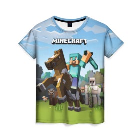 Женская футболка 3D с принтом Minecraft на коне в Кировске, 100% полиэфир ( синтетическое хлопкоподобное полотно) | прямой крой, круглый вырез горловины, длина до линии бедер | game | minecraft | игры | маинкрафт | майн | майнкравт | майнкрафт