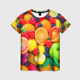 Женская футболка 3D с принтом Ягоды и фрукты в Кировске, 100% полиэфир ( синтетическое хлопкоподобное полотно) | прямой крой, круглый вырез горловины, длина до линии бедер | апельсин | ежевика | клубника | фрукты | ягода