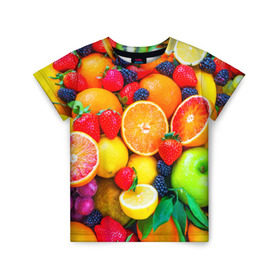 Детская футболка 3D с принтом Ягоды и фрукты в Кировске, 100% гипоаллергенный полиэфир | прямой крой, круглый вырез горловины, длина до линии бедер, чуть спущенное плечо, ткань немного тянется | апельсин | ежевика | клубника | фрукты | ягода