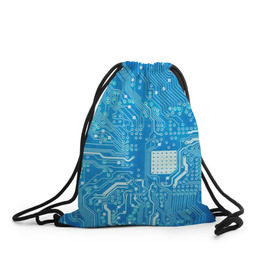 Рюкзак-мешок 3D с принтом Системная плата в Кировске, 100% полиэстер | плотность ткани — 200 г/м2, размер — 35 х 45 см; лямки — толстые шнурки, застежка на шнуровке, без карманов и подкладки | Тематика изображения на принте: кибер | микросхема | синий