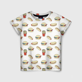 Детская футболка 3D с принтом Фастфуд арт в Кировске, 100% гипоаллергенный полиэфир | прямой крой, круглый вырез горловины, длина до линии бедер, чуть спущенное плечо, ткань немного тянется | бургеры | еда | фастфуд | хот дог
