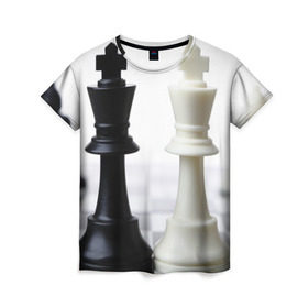 Женская футболка 3D с принтом Шахматы в Кировске, 100% полиэфир ( синтетическое хлопкоподобное полотно) | прямой крой, круглый вырез горловины, длина до линии бедер | белая | черная | шахматы