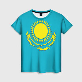 Женская футболка 3D с принтом Казахстан в Кировске, 100% полиэфир ( синтетическое хлопкоподобное полотно) | прямой крой, круглый вырез горловины, длина до линии бедер | герб | казахстан | флаг