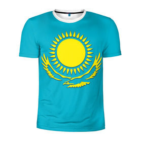 Мужская футболка 3D спортивная с принтом Казахстан в Кировске, 100% полиэстер с улучшенными характеристиками | приталенный силуэт, круглая горловина, широкие плечи, сужается к линии бедра | герб | казахстан | флаг