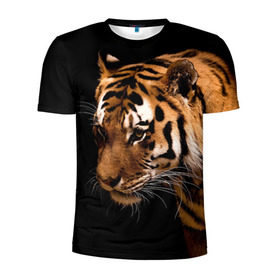 Мужская футболка 3D спортивная с принтом Тигр в Кировске, 100% полиэстер с улучшенными характеристиками | приталенный силуэт, круглая горловина, широкие плечи, сужается к линии бедра | полосы | хищник
