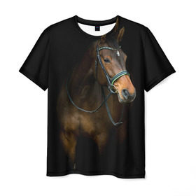 Мужская футболка 3D с принтом Породистый жеребец в Кировске, 100% полиэфир | прямой крой, круглый вырез горловины, длина до линии бедер | Тематика изображения на принте: жеребец | животные | конь | лошадка | лошадь | погоня | седло | скакун | скачки | узда