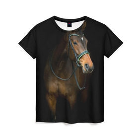 Женская футболка 3D с принтом Породистый жеребец в Кировске, 100% полиэфир ( синтетическое хлопкоподобное полотно) | прямой крой, круглый вырез горловины, длина до линии бедер | жеребец | животные | конь | лошадка | лошадь | погоня | седло | скакун | скачки | узда