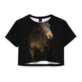 Женская футболка 3D укороченная с принтом Породистый жеребец в Кировске, 100% полиэстер | круглая горловина, длина футболки до линии талии, рукава с отворотами | жеребец | животные | конь | лошадка | лошадь | погоня | седло | скакун | скачки | узда