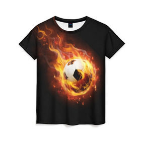 Женская футболка 3D с принтом Страсть к футболу в Кировске, 100% полиэфир ( синтетическое хлопкоподобное полотно) | прямой крой, круглый вырез горловины, длина до линии бедер | игра | искры | мяч | огонь | пламя | спорт | страсть | фанат | футбол | футболист