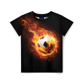Детская футболка 3D с принтом Страсть к футболу в Кировске, 100% гипоаллергенный полиэфир | прямой крой, круглый вырез горловины, длина до линии бедер, чуть спущенное плечо, ткань немного тянется | Тематика изображения на принте: игра | искры | мяч | огонь | пламя | спорт | страсть | фанат | футбол | футболист