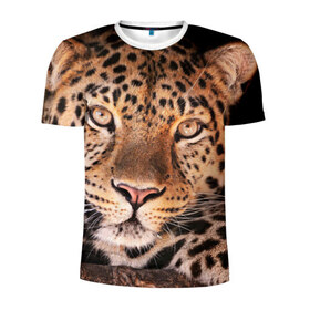 Мужская футболка 3D спортивная с принтом Леопард в Кировске, 100% полиэстер с улучшенными характеристиками | приталенный силуэт, круглая горловина, широкие плечи, сужается к линии бедра | Тематика изображения на принте: гепард | грация | дикая кошка | добыча | животные | леопард | ловкость | опасность | пятна | хищник | ягуар