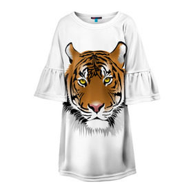 Детское платье 3D с принтом Морда тигра в Кировске, 100% полиэстер | прямой силуэт, чуть расширенный к низу. Круглая горловина, на рукавах — воланы | Тематика изображения на принте: зверь | кошка | полосы | тигр | хищник