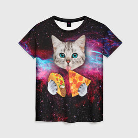 Женская футболка 3D с принтом Кот с едой в Кировске, 100% полиэфир ( синтетическое хлопкоподобное полотно) | прямой крой, круглый вырез горловины, длина до линии бедер | art | cat | pizza | space | еда | космос | кот | кот в космосе | кот с едой | котенок | котик | пицца