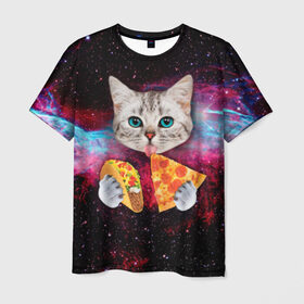 Мужская футболка 3D с принтом Кот с едой в Кировске, 100% полиэфир | прямой крой, круглый вырез горловины, длина до линии бедер | art | cat | pizza | space | еда | космос | кот | кот в космосе | кот с едой | котенок | котик | пицца