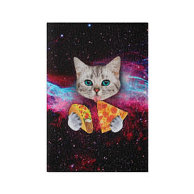 Обложка для паспорта матовая кожа с принтом Кот с едой в Кировске, натуральная матовая кожа | размер 19,3 х 13,7 см; прозрачные пластиковые крепления | art | cat | pizza | space | еда | космос | кот | кот в космосе | кот с едой | котенок | котик | пицца
