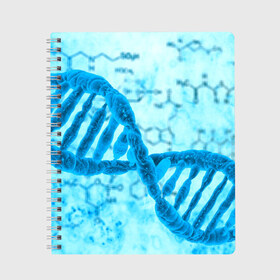 Тетрадь с принтом ДНК в Кировске, 100% бумага | 48 листов, плотность листов — 60 г/м2, плотность картонной обложки — 250 г/м2. Листы скреплены сбоку удобной пружинной спиралью. Уголки страниц и обложки скругленные. Цвет линий — светло-серый
 | абстракция | биология | днк | молекула | синяя.цепочка | формула