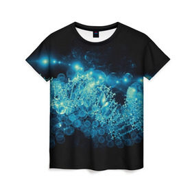 Женская футболка 3D с принтом Молекула в Кировске, 100% полиэфир ( синтетическое хлопкоподобное полотно) | прямой крой, круглый вырез горловины, длина до линии бедер | абстракция | биология | днк | молекула | синяя.цепочка | формула