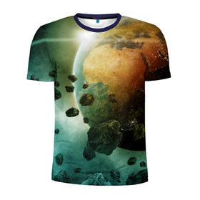 Мужская футболка 3D спортивная с принтом Метеориты в Кировске, 100% полиэстер с улучшенными характеристиками | приталенный силуэт, круглая горловина, широкие плечи, сужается к линии бедра | вселенная | галактика | звёзды | земля | камета | космос | метеориты | метеоры | орбита | планеты | солнце