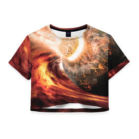 Женская футболка 3D укороченная с принтом Падение метеорита в Кировске, 100% полиэстер | круглая горловина, длина футболки до линии талии, рукава с отворотами | астероид | вселенная | галактика | звезды | катастрофа | планеты | туманность