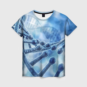 Женская футболка 3D с принтом Молекула ДНК в Кировске, 100% полиэфир ( синтетическое хлопкоподобное полотно) | прямой крой, круглый вырез горловины, длина до линии бедер | dna | биохимия | внешность | ген | генетика | днк | молекула | наследственность | спираль | способности | структура | характер | черты