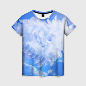 Женская футболка 3D с принтом Сердце в Кировске, 100% полиэфир ( синтетическое хлопкоподобное полотно) | прямой крой, круглый вырез горловины, длина до линии бедер | голубая | любовь | небо | новая | перья | сердце