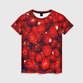 Женская футболка 3D с принтом Земляника в Кировске, 100% полиэфир ( синтетическое хлопкоподобное полотно) | прямой крой, круглый вырез горловины, длина до линии бедер | земляника | клубника | красный | лето | природа | ягода