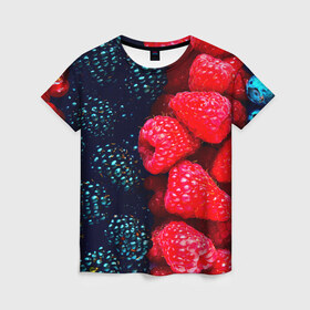 Женская футболка 3D с принтом Ягоды в Кировске, 100% полиэфир ( синтетическое хлопкоподобное полотно) | прямой крой, круглый вырез горловины, длина до линии бедер | клубника | красный | лето | природа | ягода