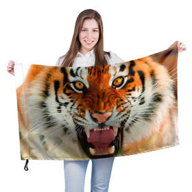 Флаг 3D с принтом Амурский тигр в Кировске, 100% полиэстер | плотность ткани — 95 г/м2, размер — 67 х 109 см. Принт наносится с одной стороны | амур | голова | животные | кошка | оскал | тигр