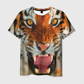 Мужская футболка 3D с принтом Амурский тигр в Кировске, 100% полиэфир | прямой крой, круглый вырез горловины, длина до линии бедер | амур | голова | животные | кошка | оскал | тигр