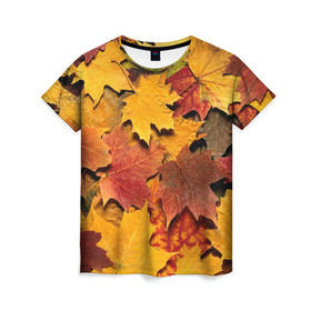 Женская футболка 3D с принтом Осень на дворе в Кировске, 100% полиэфир ( синтетическое хлопкоподобное полотно) | прямой крой, круглый вырез горловины, длина до линии бедер | бордовый | жёлтый | красный | листва | листья