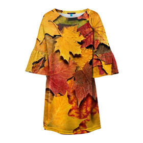 Детское платье 3D с принтом Осень на дворе в Кировске, 100% полиэстер | прямой силуэт, чуть расширенный к низу. Круглая горловина, на рукавах — воланы | Тематика изображения на принте: бордовый | жёлтый | красный | листва | листья