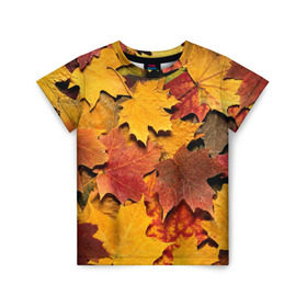 Детская футболка 3D с принтом Осень на дворе в Кировске, 100% гипоаллергенный полиэфир | прямой крой, круглый вырез горловины, длина до линии бедер, чуть спущенное плечо, ткань немного тянется | Тематика изображения на принте: бордовый | жёлтый | красный | листва | листья