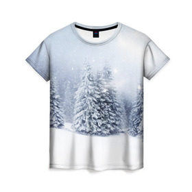 Женская футболка 3D с принтом Зимняя пора в Кировске, 100% полиэфир ( синтетическое хлопкоподобное полотно) | прямой крой, круглый вырез горловины, длина до линии бедер | вьюга | горы | зима | лес | метель | мороз | пейзаж | пурга | снег | снегопад | сосулька | стужа | сугроб | холод