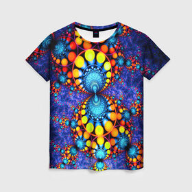 Женская футболка 3D с принтом Узорный фон в Кировске, 100% полиэфир ( синтетическое хлопкоподобное полотно) | прямой крой, круглый вырез горловины, длина до линии бедер | круги | разноцветный | фракталы | яркий