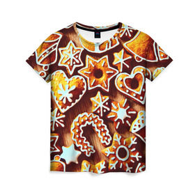 Женская футболка 3D с принтом Новогоднее печенье в Кировске, 100% полиэфир ( синтетическое хлопкоподобное полотно) | прямой крой, круглый вырез горловины, длина до линии бедер | оранжевый | печенье | сладости | хлебные