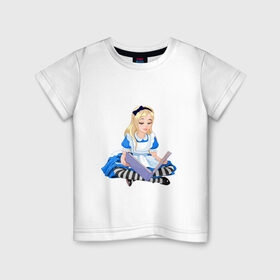 Детская футболка хлопок с принтом Алиса в стране чудес в Кировске, 100% хлопок | круглый вырез горловины, полуприлегающий силуэт, длина до линии бедер | алиса | блондинка | в стране чудес | девочка | книга | мультик | сказка