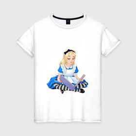 Женская футболка хлопок с принтом Алиса в стране чудес в Кировске, 100% хлопок | прямой крой, круглый вырез горловины, длина до линии бедер, слегка спущенное плечо | алиса | блондинка | в стране чудес | девочка | книга | мультик | сказка