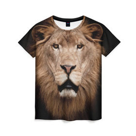 Женская футболка 3D с принтом Царь зверей в Кировске, 100% полиэфир ( синтетическое хлопкоподобное полотно) | прямой крой, круглый вырез горловины, длина до линии бедер | власть | дикая кошка | животное | король джунглей | лев | львица | мощь | мудрость | охотник | сила | хитрость | хищник | царь зверей