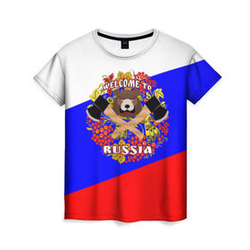 Женская футболка 3D с принтом Добро пожаловать в Россию в Кировске, 100% полиэфир ( синтетическое хлопкоподобное полотно) | прямой крой, круглый вырез горловины, длина до линии бедер | russia | welcome | медведь | россия | хохлома