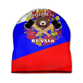 Шапка 3D с принтом Добро пожаловать в Россию в Кировске, 100% полиэстер | универсальный размер, печать по всей поверхности изделия | Тематика изображения на принте: russia | welcome | медведь | россия | хохлома
