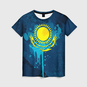 Женская футболка 3D с принтом Казахстан в Кировске, 100% полиэфир ( синтетическое хлопкоподобное полотно) | прямой крой, круглый вырез горловины, длина до линии бедер | казах | казахский | казахстан | национальный | нация | республика | рк | флаг | флаги
